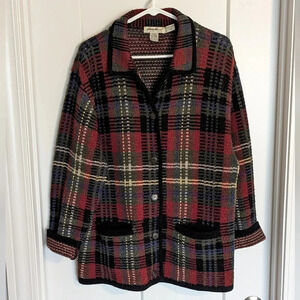 90s Eddie Bauer Lambswool Plaid Holiday Sweater Coat sz L